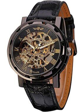 Men's Retro Minimalist Mechanical Watch with Leather Strap & Skeleton Dial